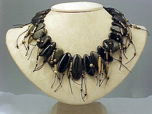 Necklace:Obsidian, Linen, Antique Bronze